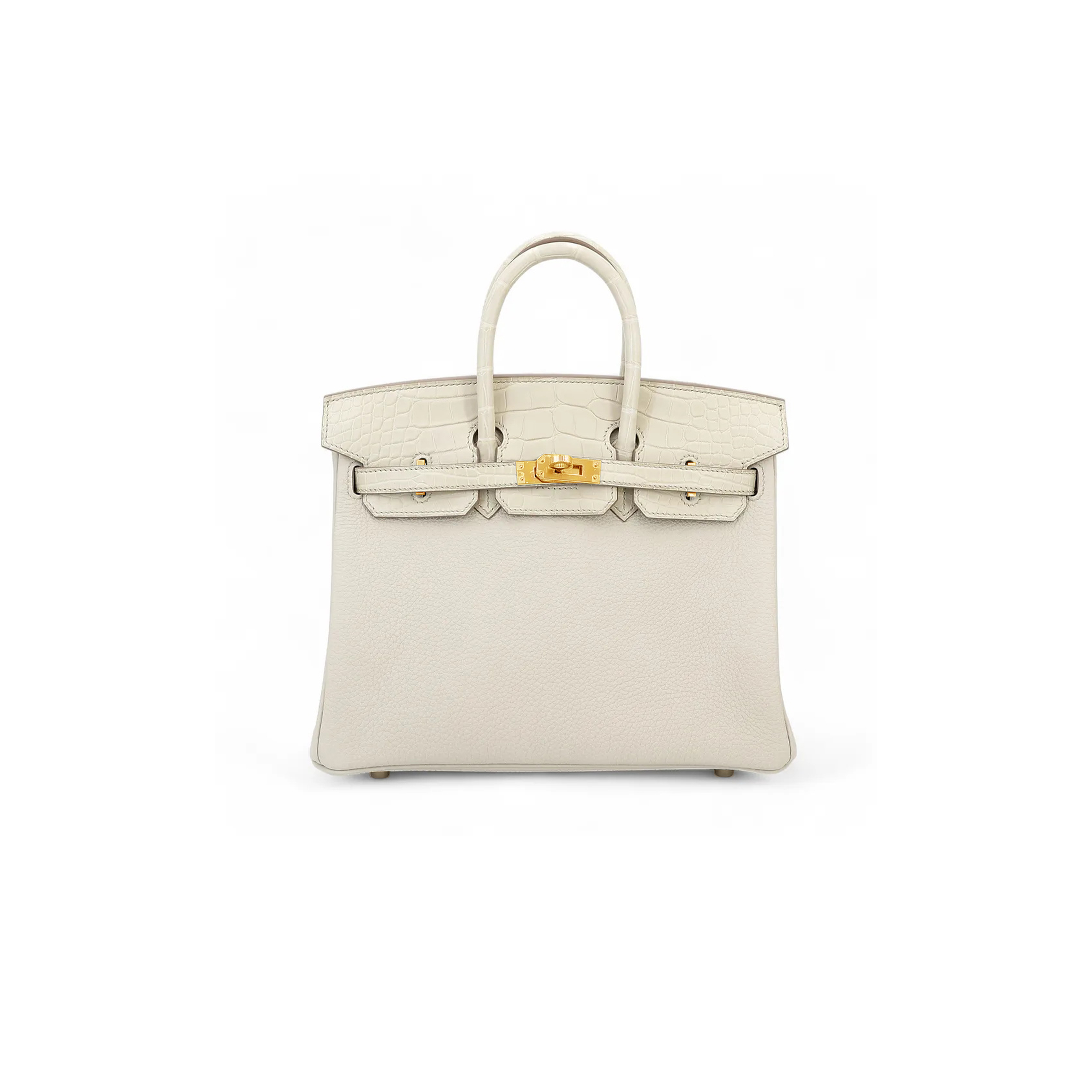 HERMÈS MASTER BIRKIN 25 CROCODILE AND TOGO LEATHER MILKSHAKE WHITE GOLD BUCKLE H076216CK18 (25*20*13cm)